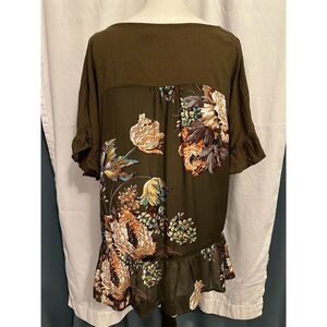 Umgee Women's XL Olive Green Floral Shift Shirt Ruffled Hem 3/4 Sleeve